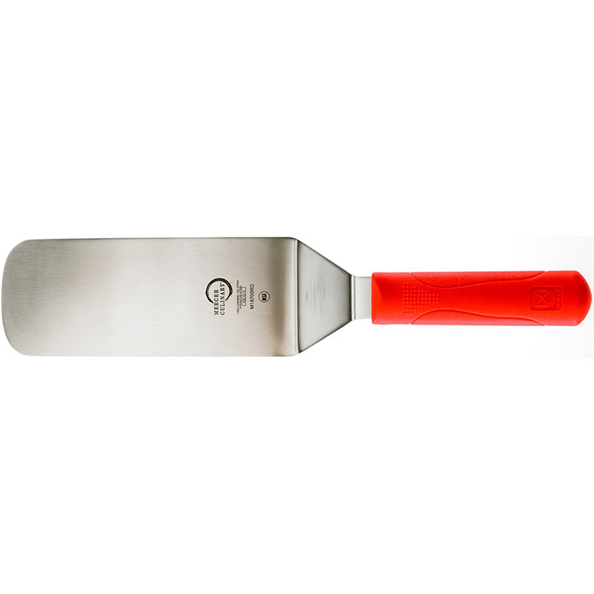 Mercer Culinary Millennia 8x3 inch turner with red polypropylene handle and stainless steel blade