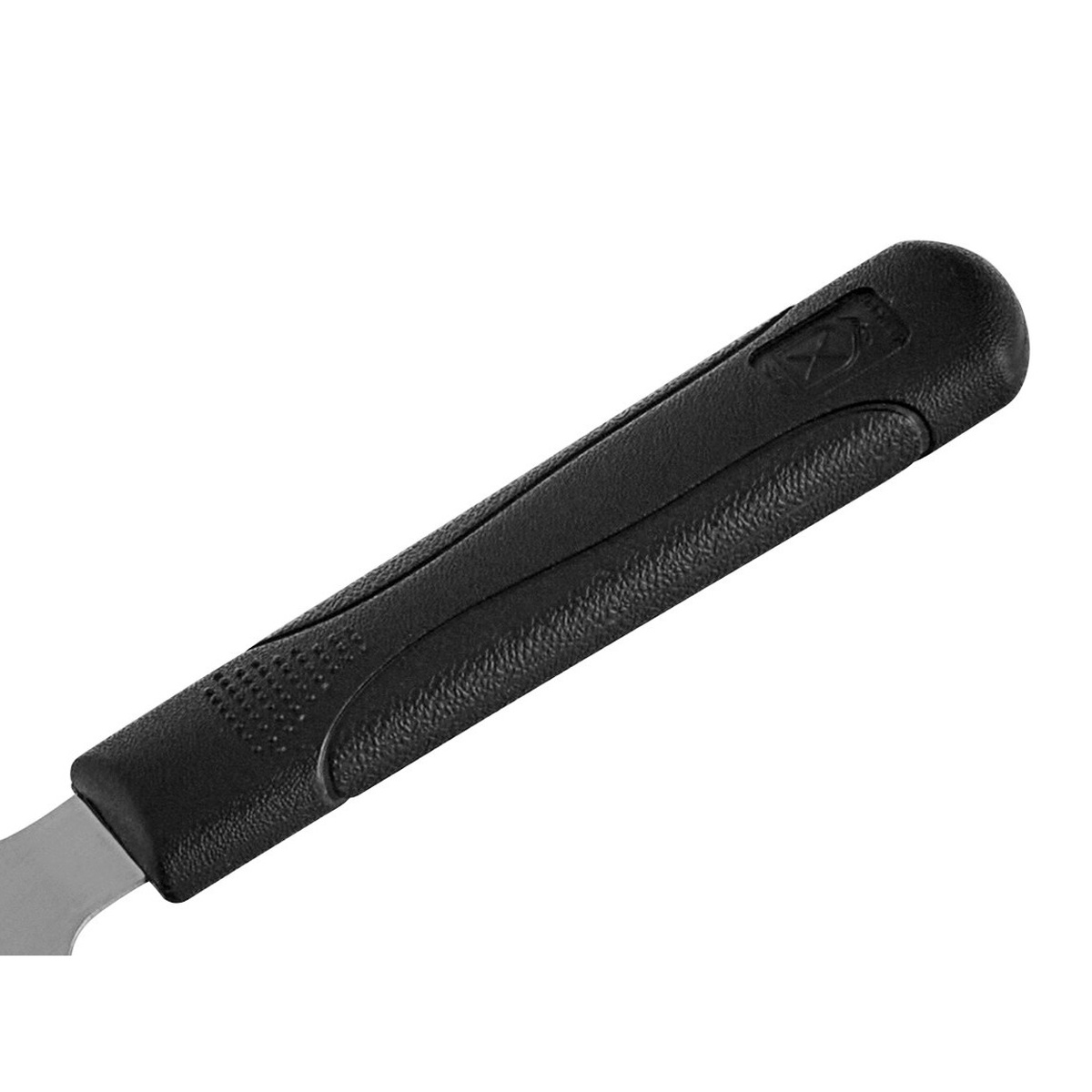 Close-up of the black molded polypropylene handle on the Mercer Culinary M18750 mini turner showing textured grip surface