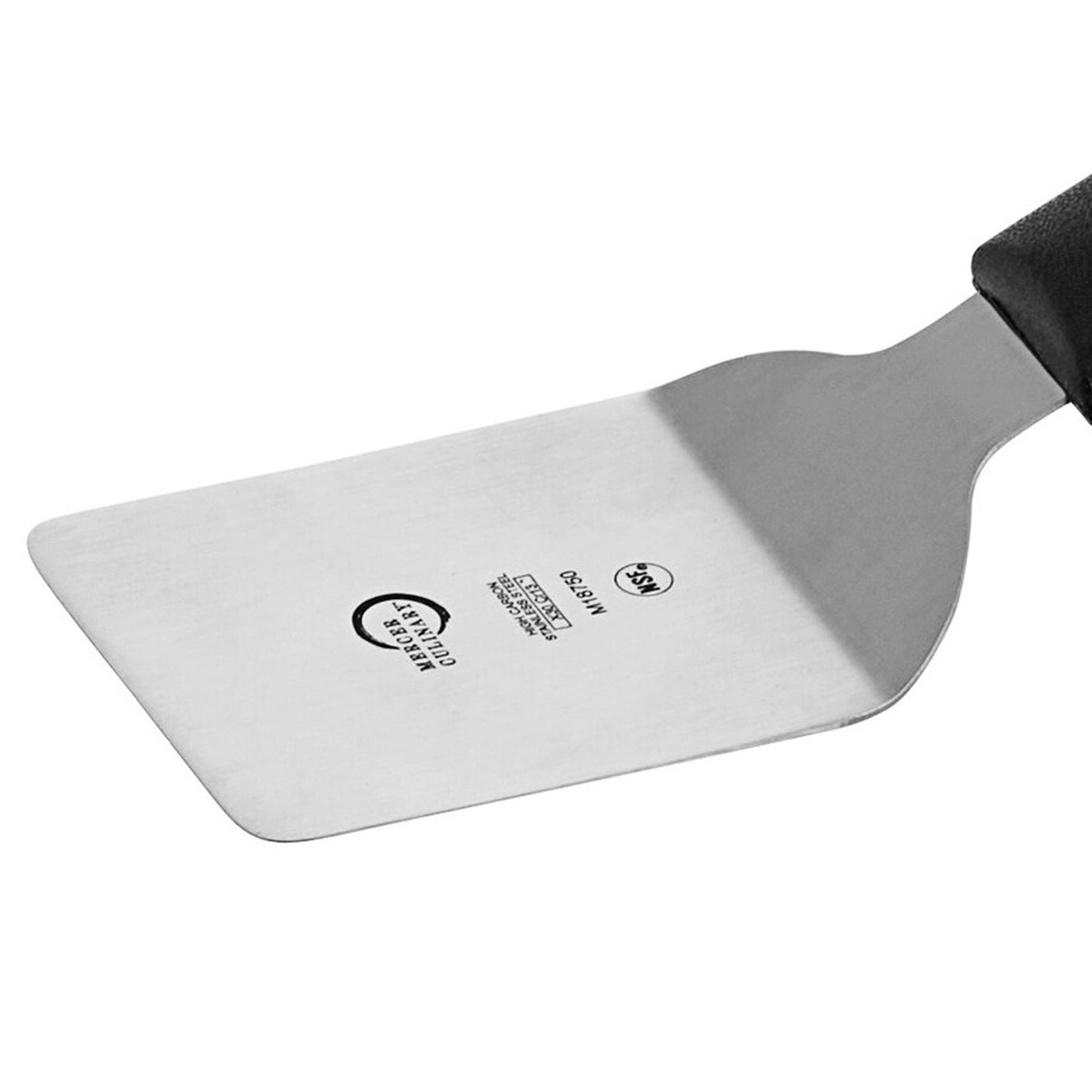 Close-up of the stainless steel blade on the Mercer Culinary M18750 mini turner showing NSF certification stamp and smooth square edge