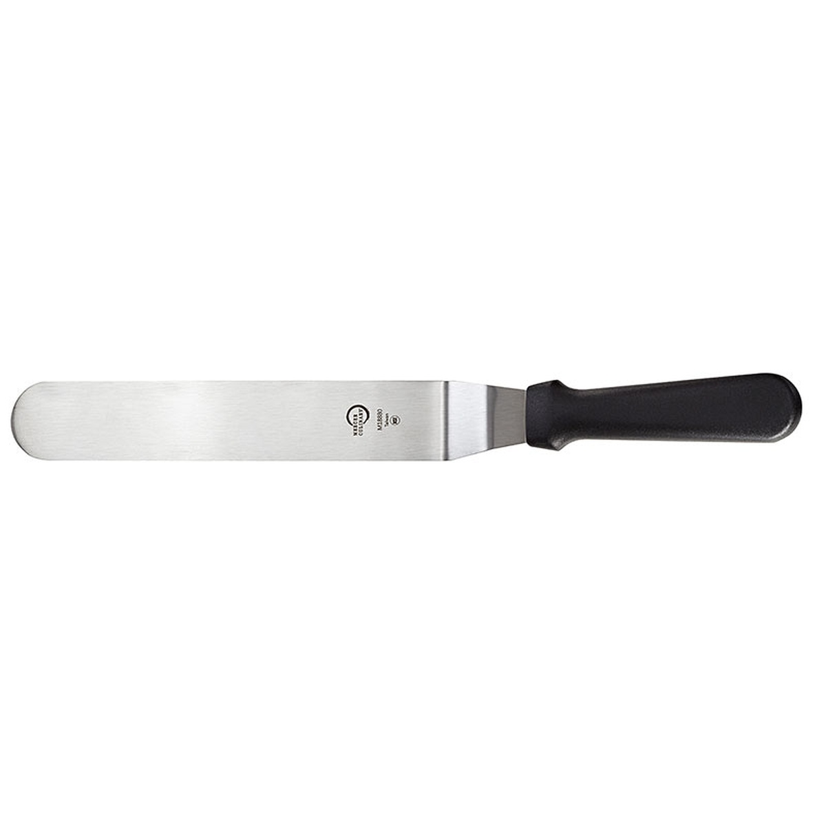 Mercer Culinary M18880P 10-inch offset icing spatula with stainless steel blade and black polypropylene handle, overhead view