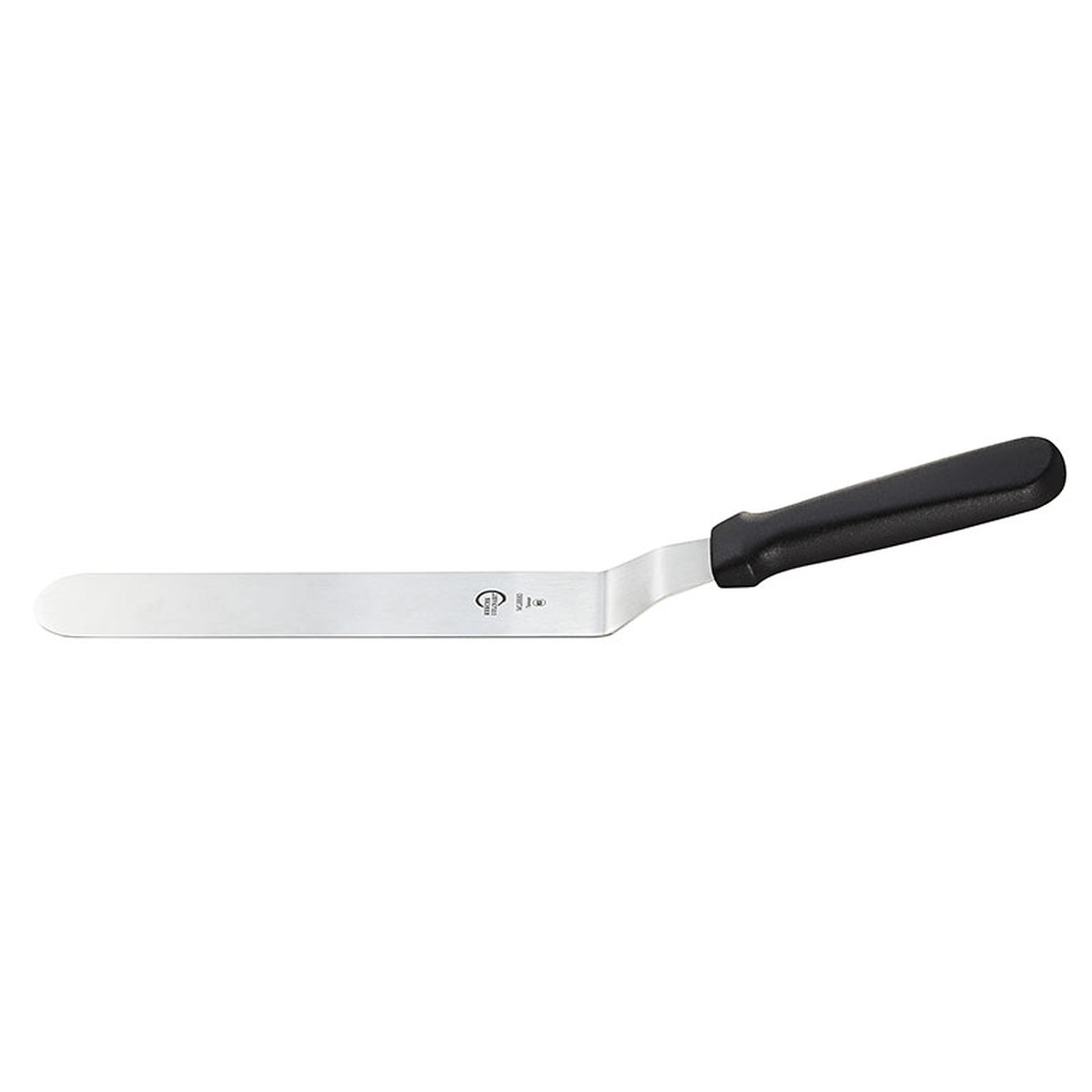 Mercer Culinary M18880P offset icing spatula showing the angled offset between the black handle and stainless steel blade