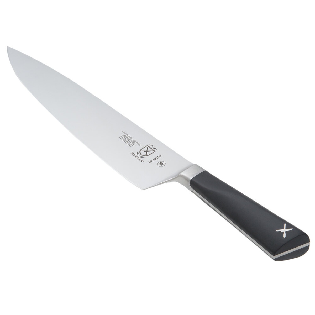 Mercer Culinary M19010 ZüM chef knife angled view showing black ergonomic handle and full blade length