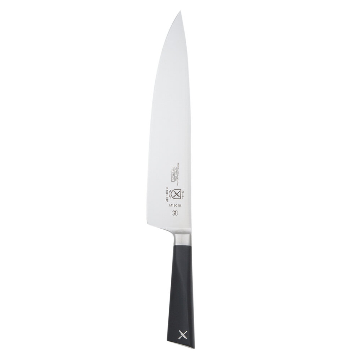 Mercer Culinary M19010 ZüM 10-inch forged chef knife with black POM handle, full side profile on white background