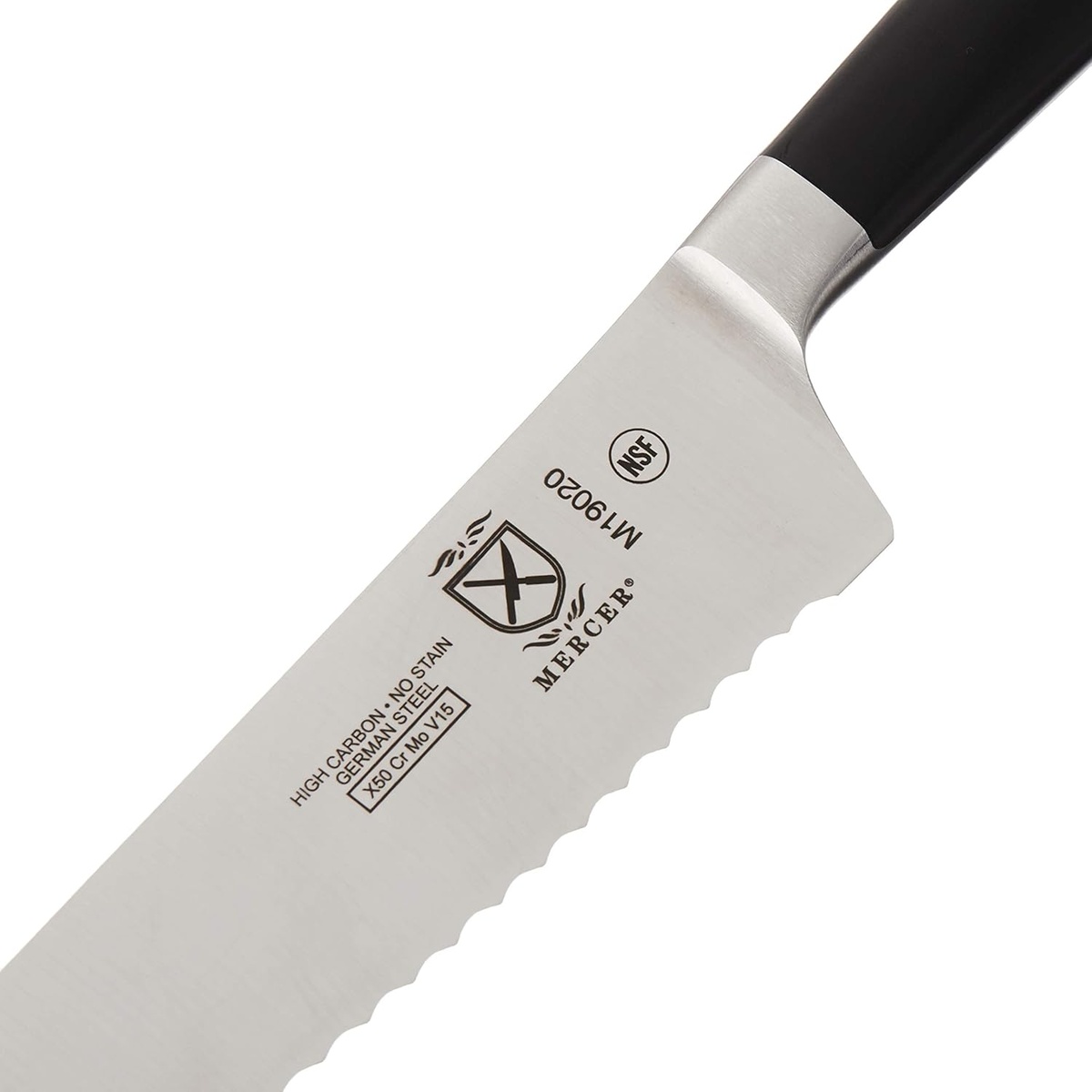 Close up of Mercer Culinary Zum blade markings and German steel quality