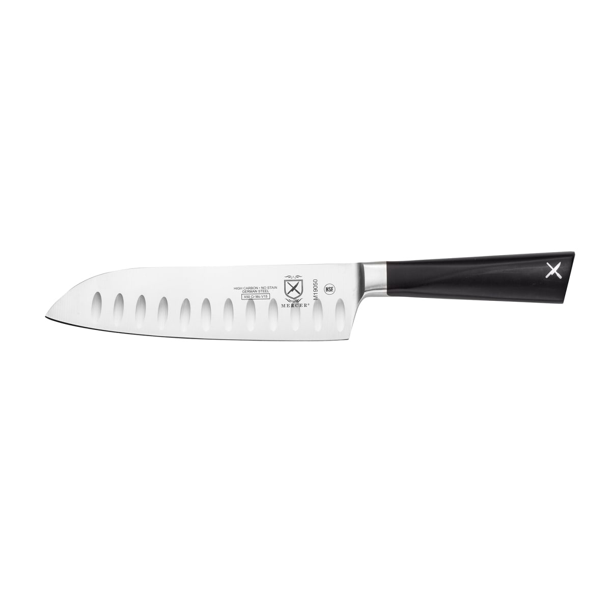 Mercer Culinary M19050 ZüM 7-inch santoku knife with granton edge and black POM handle, side profile view