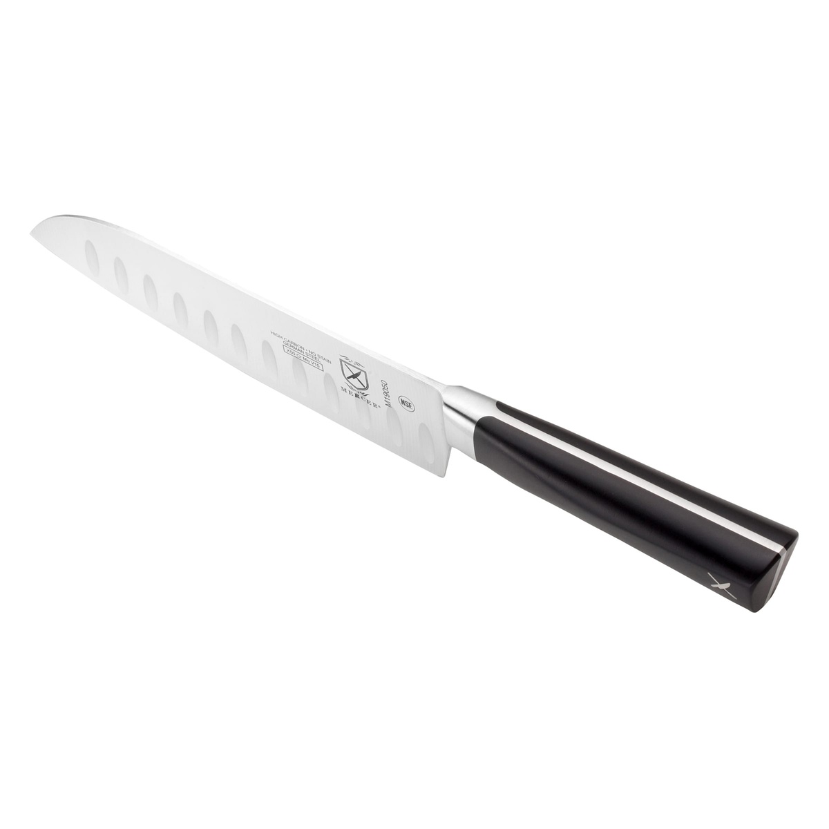 Mercer Culinary M19050 santoku knife angled view showing full tang blade and ergonomic black POM handle