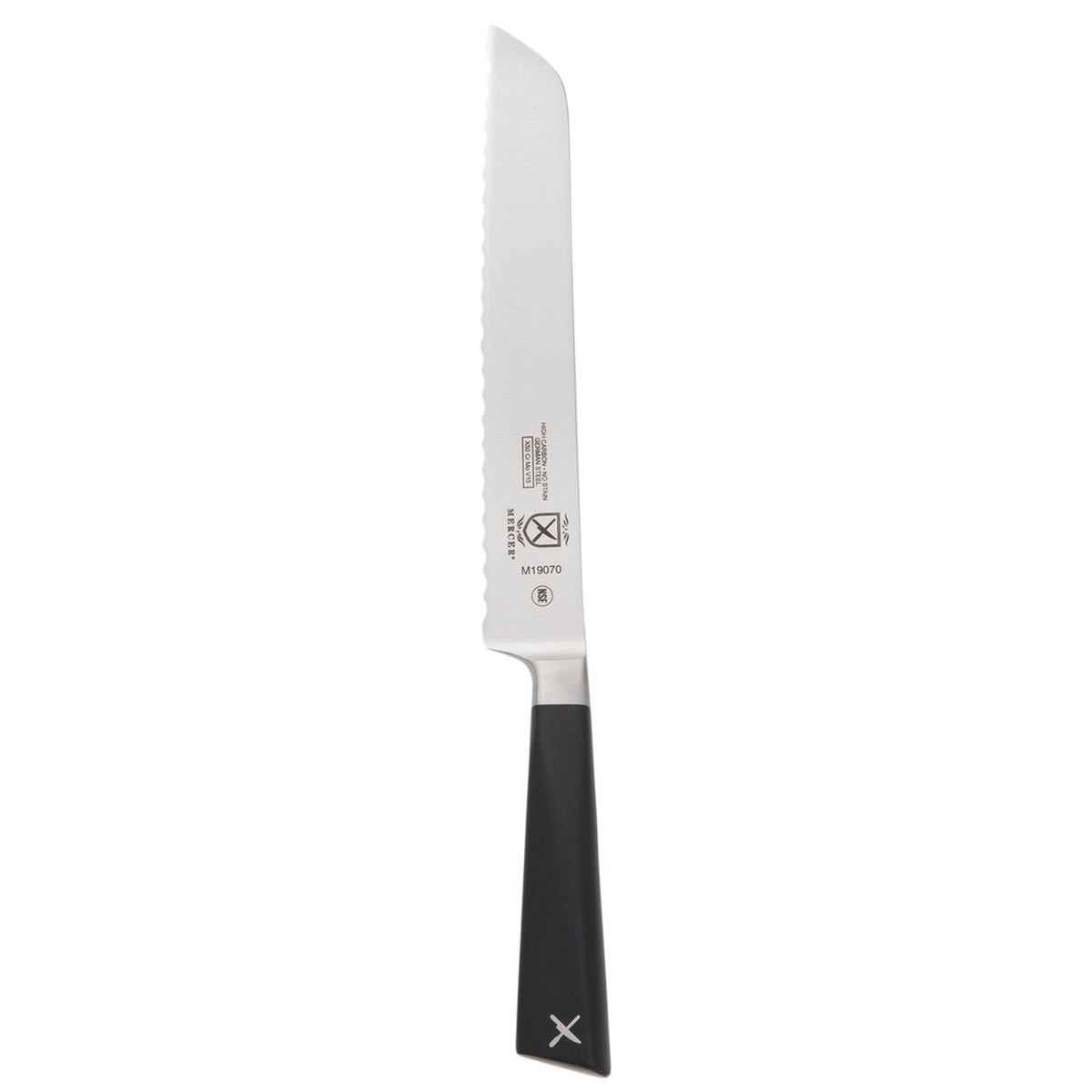 Mercer Culinary M19070 ZüM 8-inch forged bread knife with black Delrin handle, front view