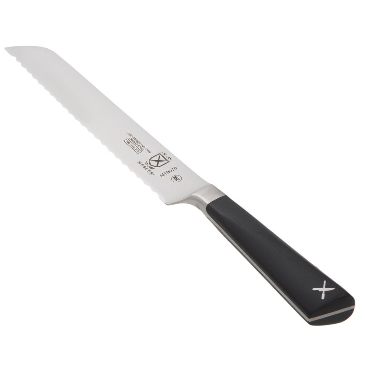 Mercer Culinary M19070 ZüM bread knife angled view showing full tang and shortened bolster