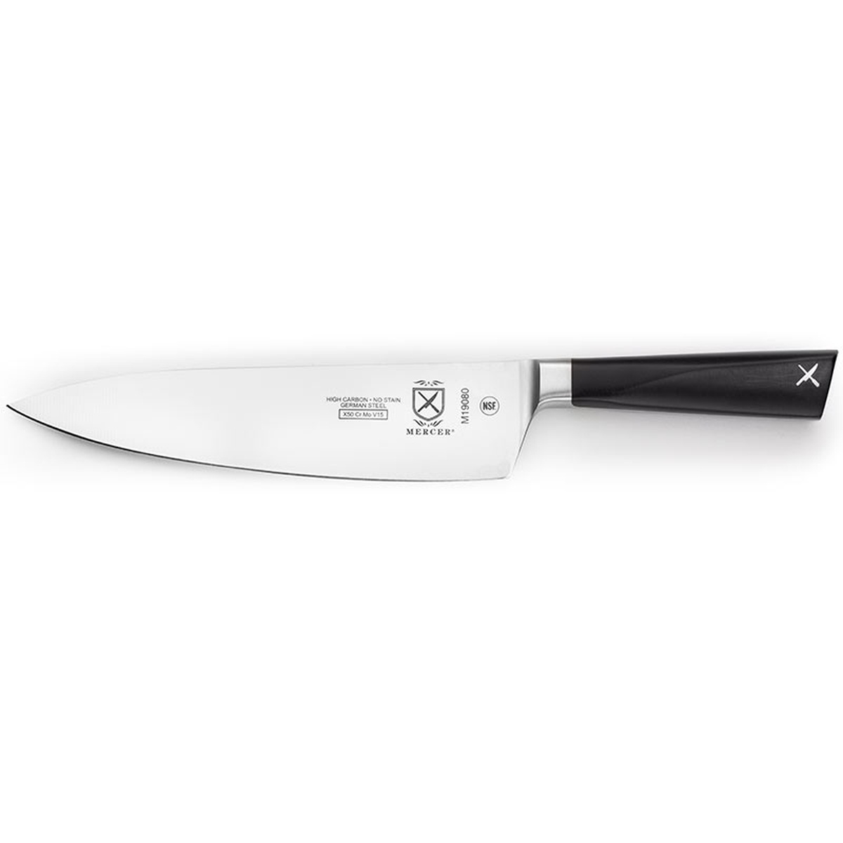 Mercer Culinary ZuM 8-inch chef's knife with high-carbon German steel blade and black ergonomic handle