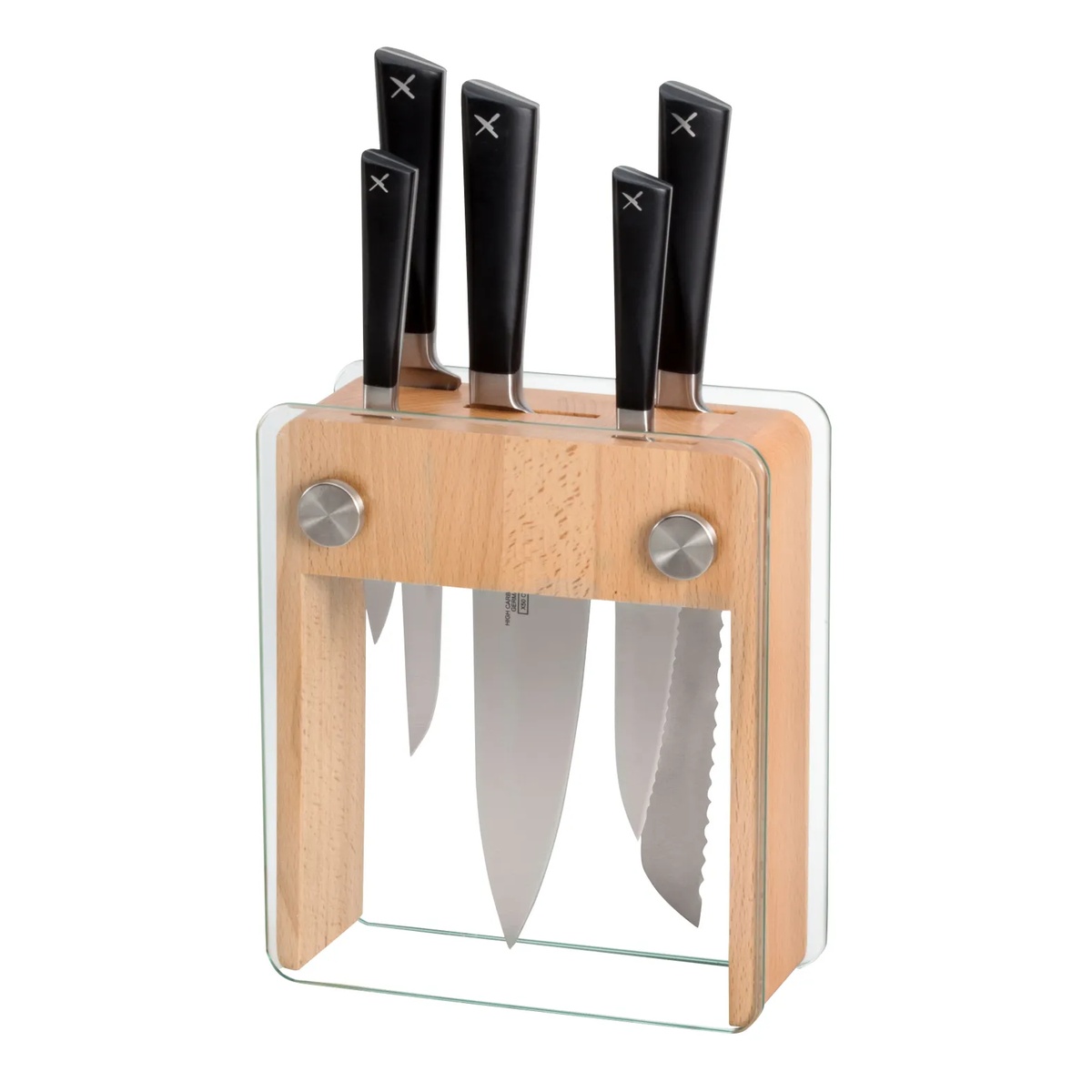 Mercer Culinary ZüM M19105 6-piece knife set displayed in rubberwood and tempered glass block with five black-handled knives