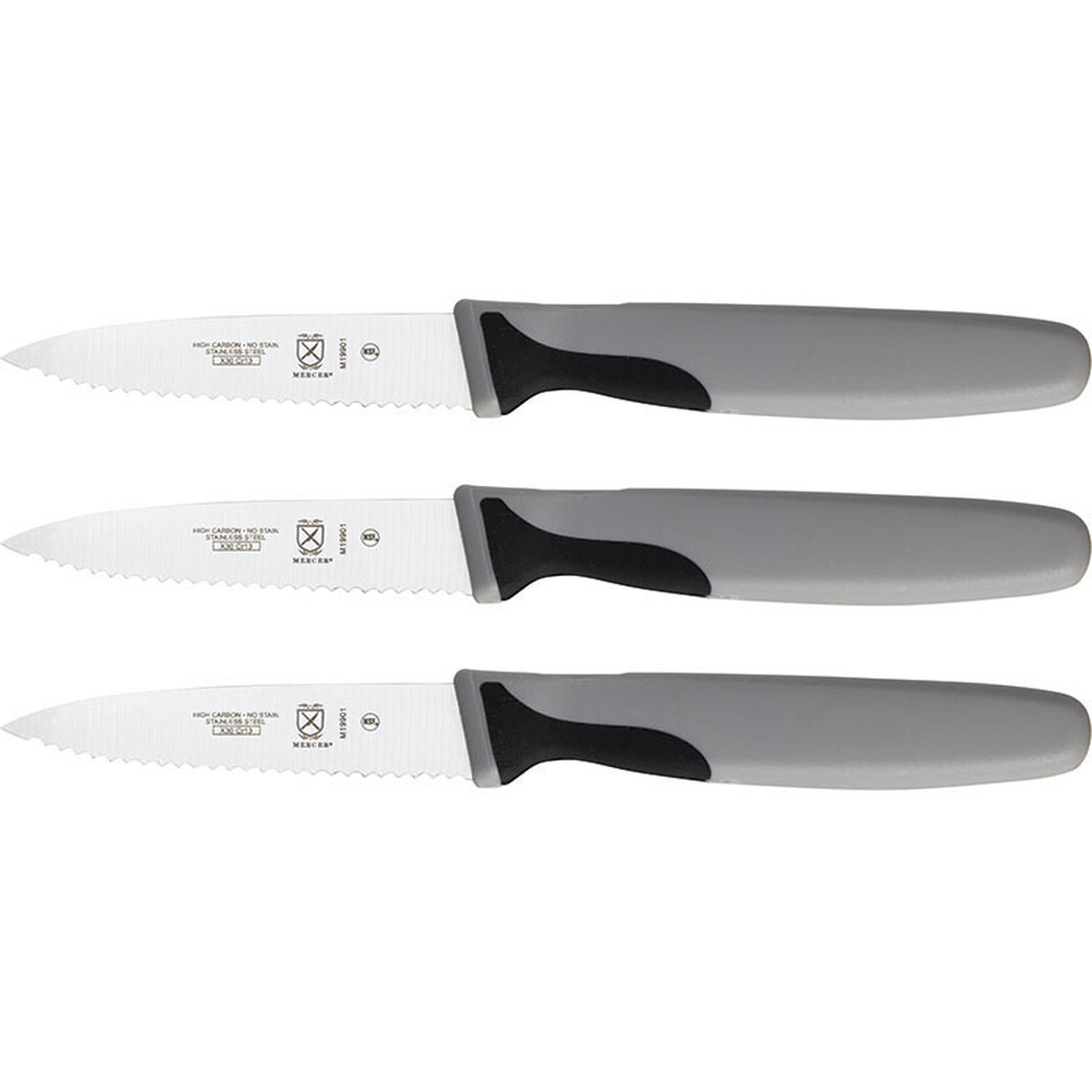 Three Mercer Culinary Millennia 3-inch serrated paring knives with gray and black ergonomic handles displayed on white background