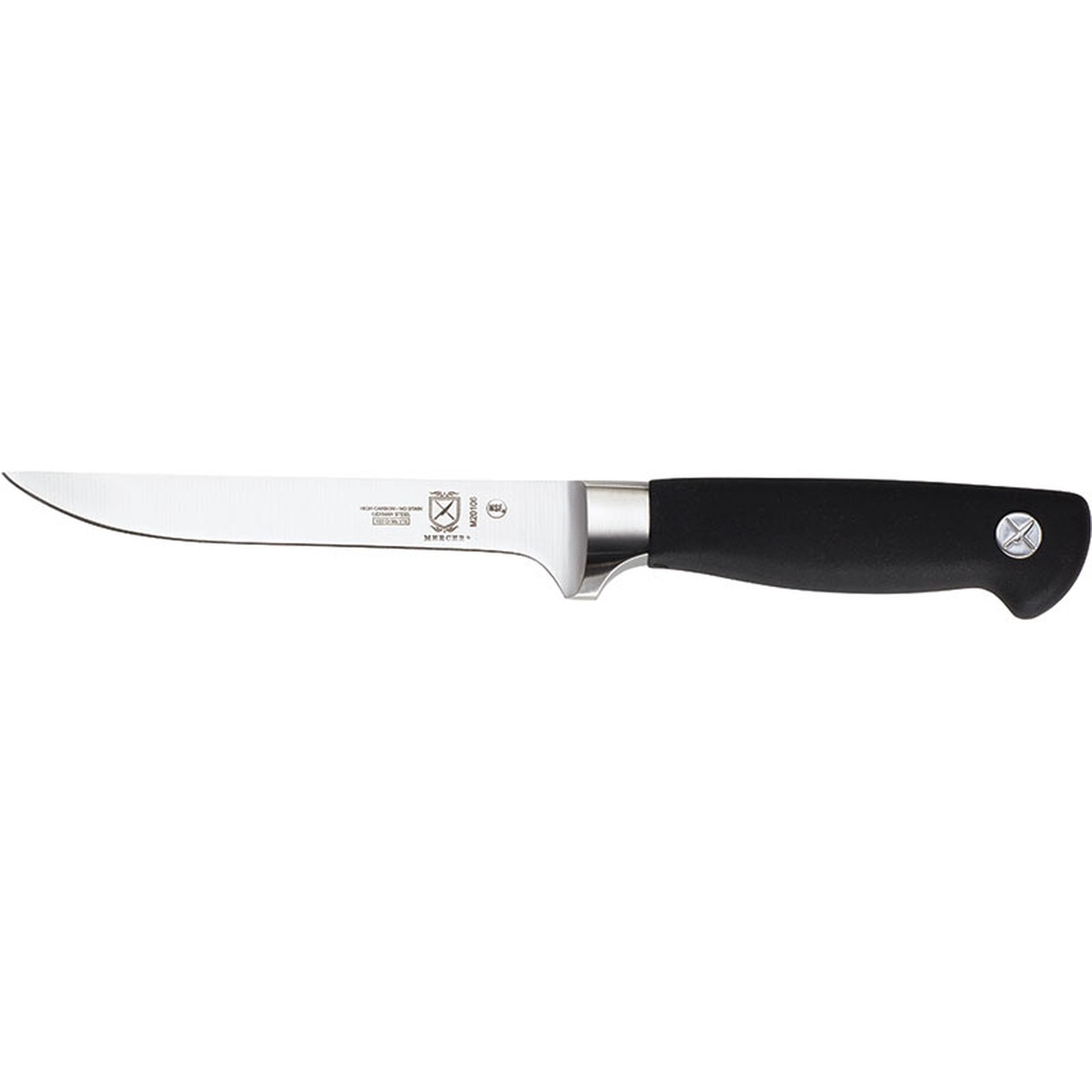 Mercer Culinary M20106 Genesis 6-inch stiff boning knife with black Santoprene handle and silver bolster, side profile view