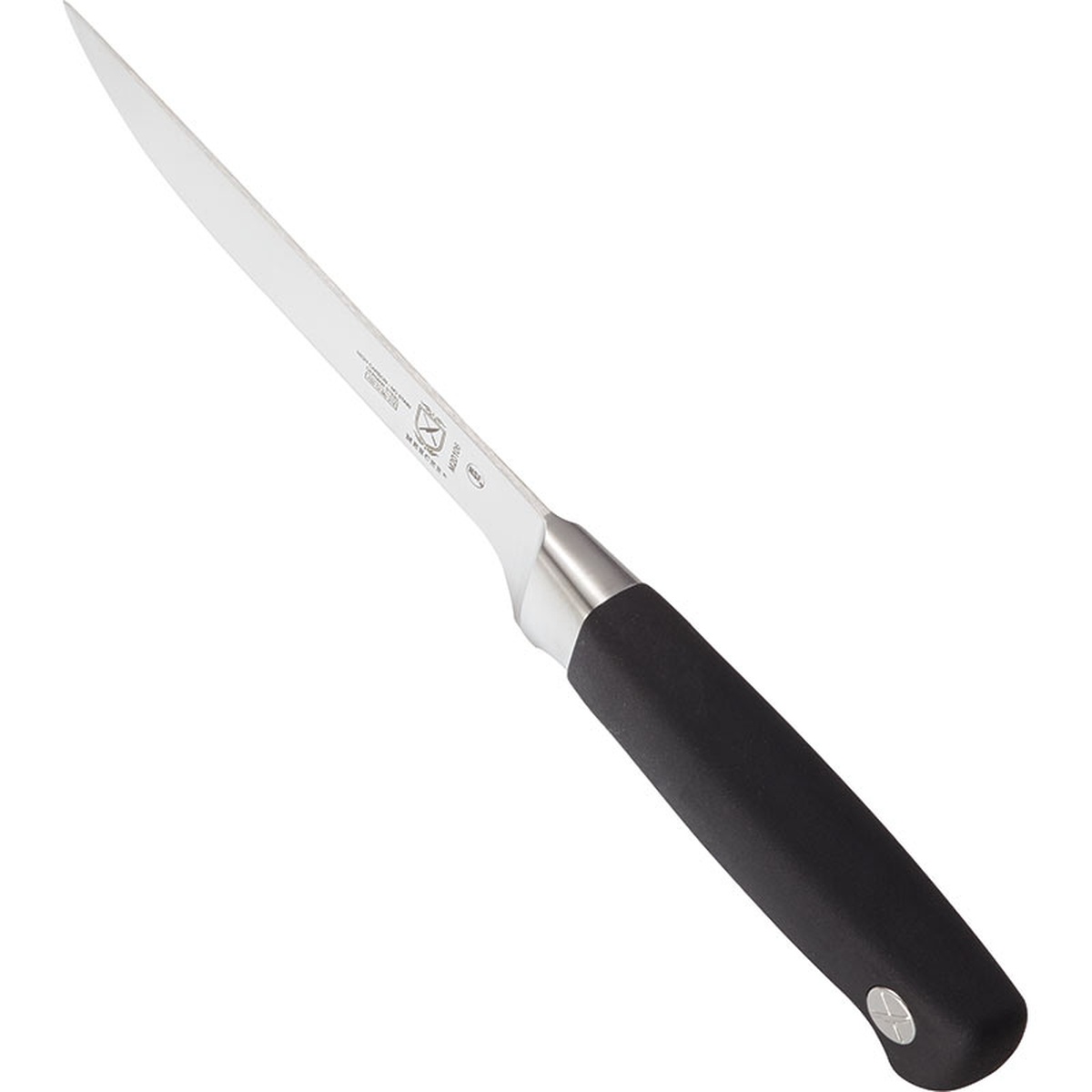 Mercer Culinary Genesis flexible boning knife angled view highlighting the Santoprene handle grip and tapered blade