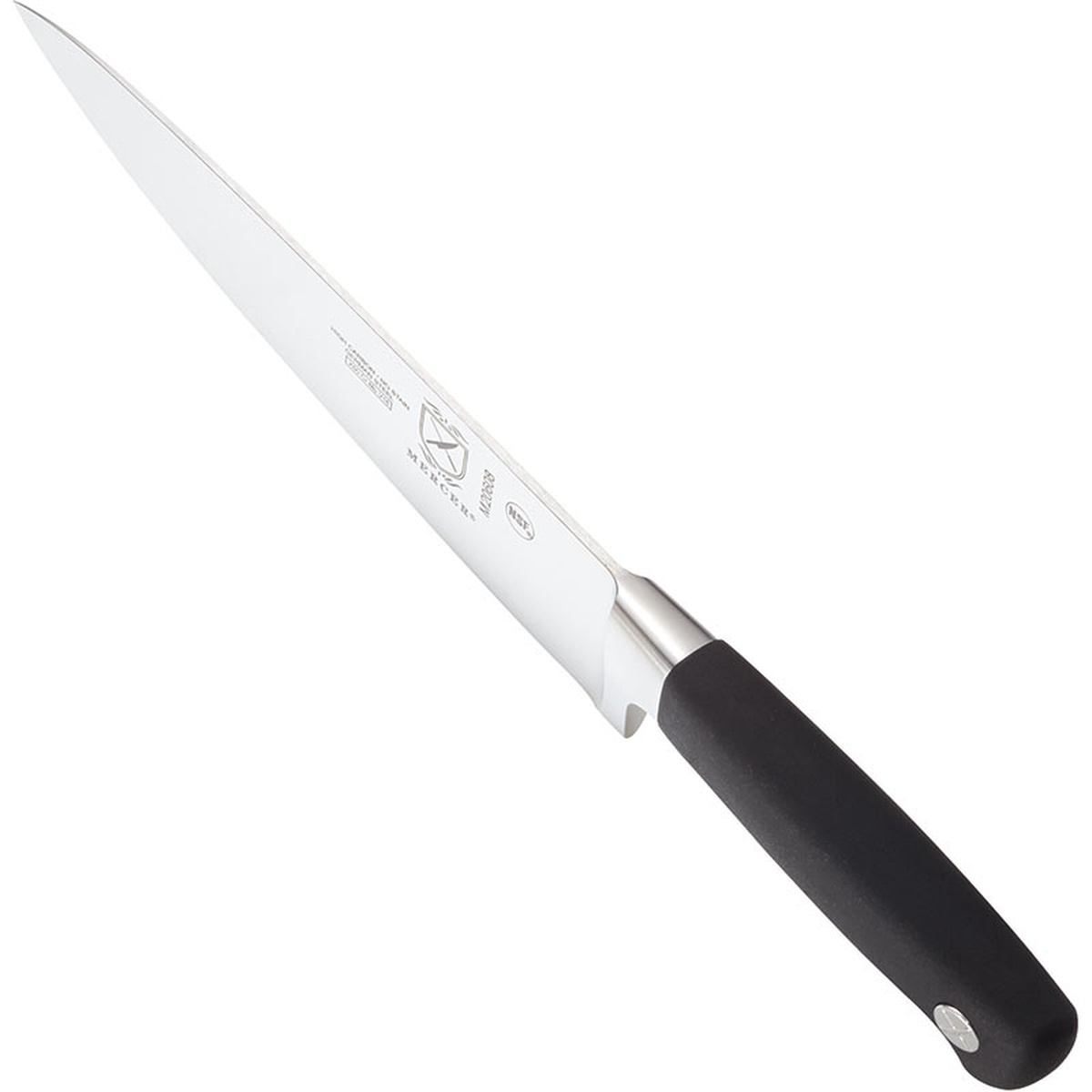 Mercer Culinary Genesis 8-inch chef's knife angled view highlighting the tapered blade edge and ergonomic black handle