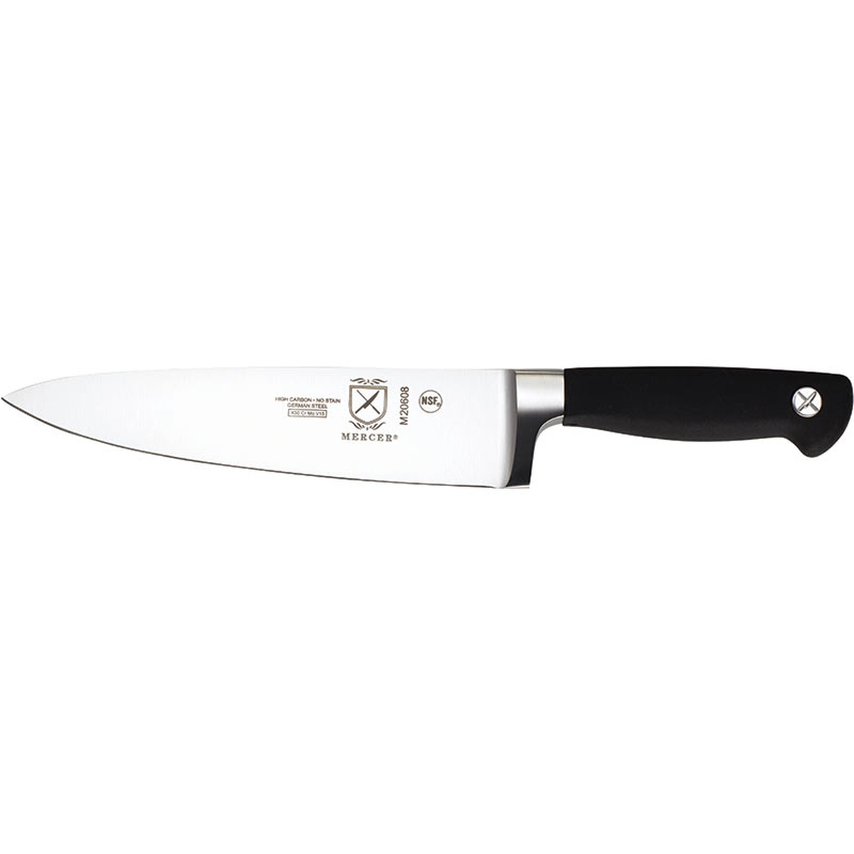 Mercer Culinary Genesis 8-inch chef's knife side profile showing silver blade, bolster, and black Santoprene handle