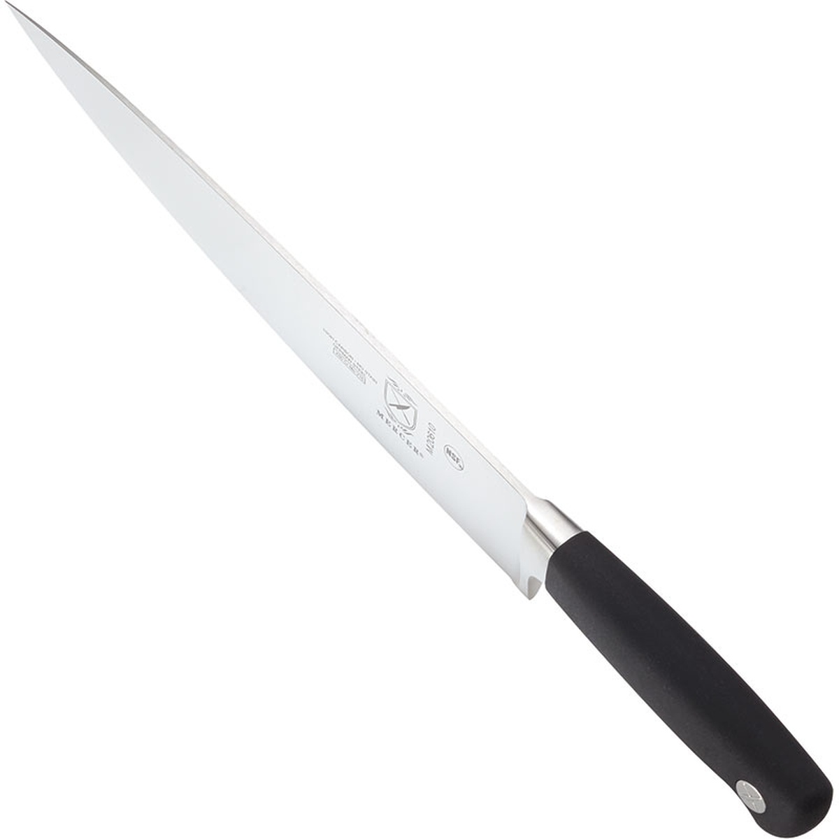 Angled view of the Mercer Genesis Chef Knife highlighting the ergonomic non-slip handle and bolster