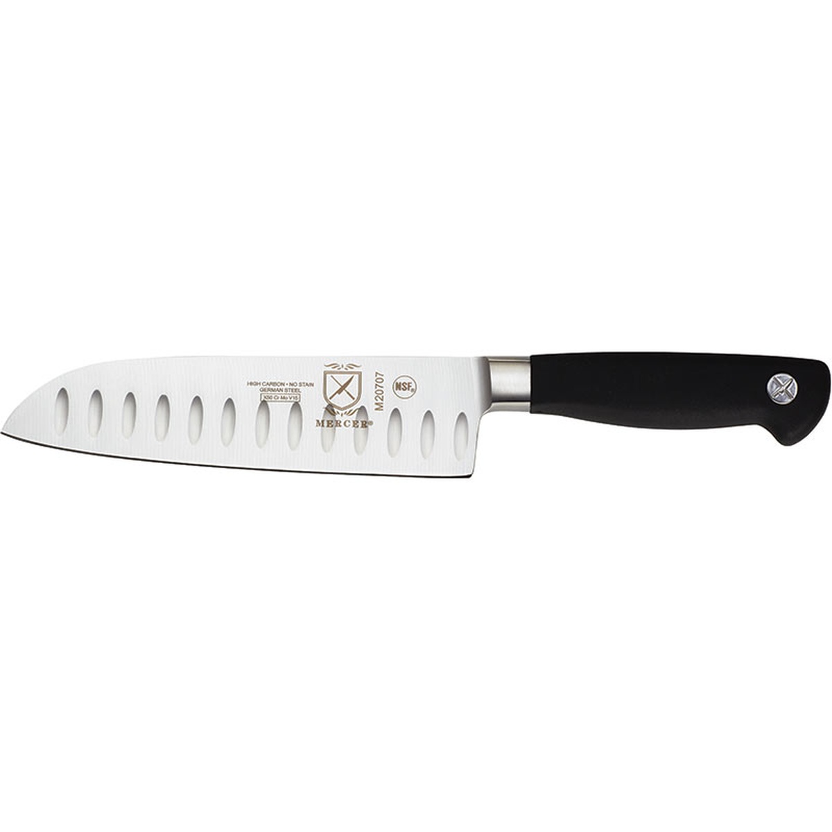 Side profile of the Mercer Culinary Genesis 7 inch Santoku knife showing the Granton edge