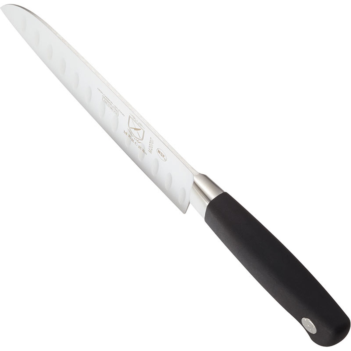 Angled view of the Mercer Genesis Santoku knife highlighting the bolster and Santoprene handle