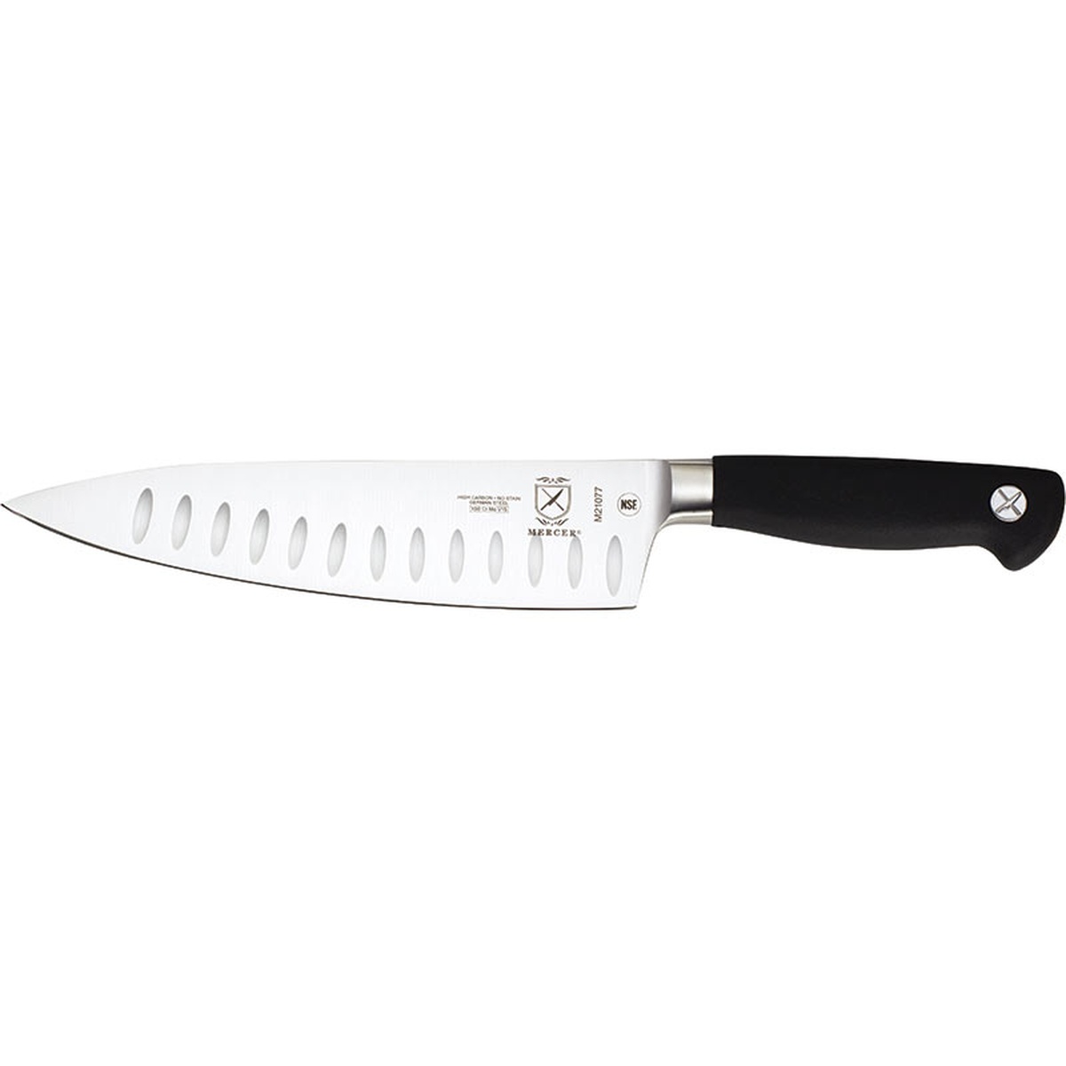 Mercer Culinary Genesis 8 inch Granton Edge Chef Knife side profile showing the blade grooves and black handle
