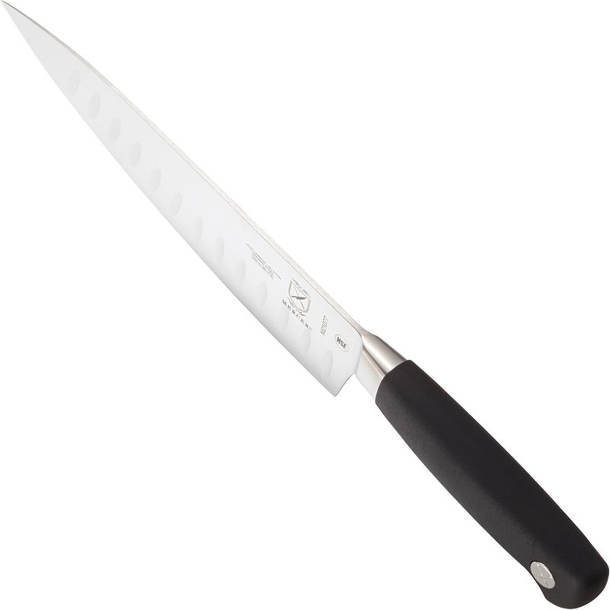 Angled view of the Mercer Culinary Genesis Chef Knife highlighting the ergonomic Santoprene handle and forged bolster