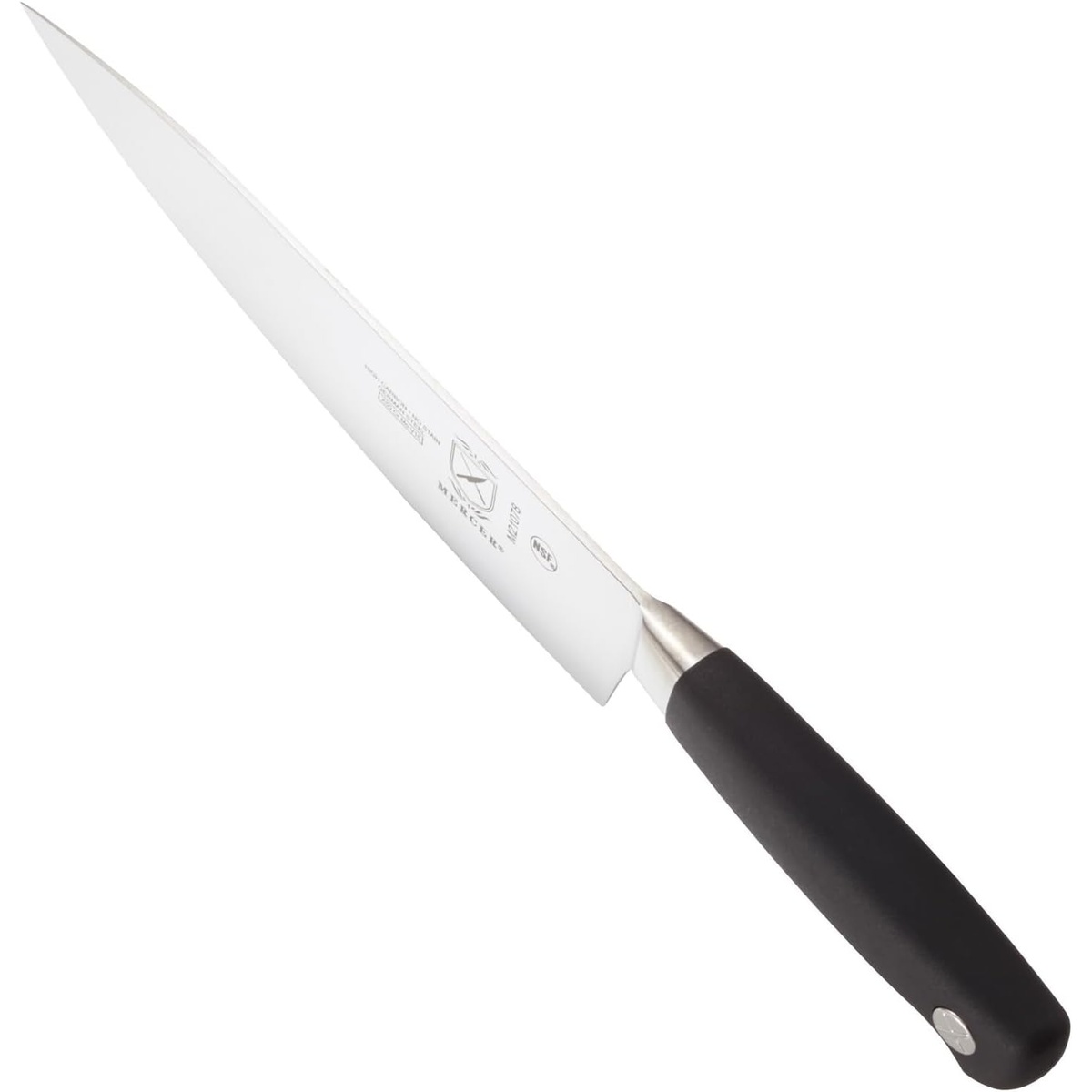 Mercer Culinary Genesis M21078 8-inch chef's knife with silver blade and black Santoprene handle on white background