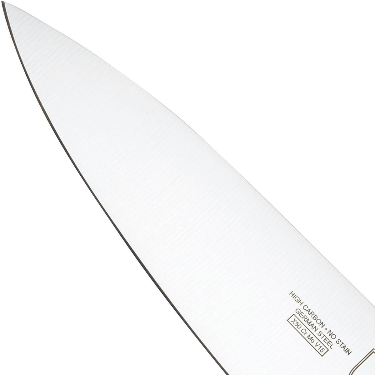 Close-up of Mercer Genesis chef's knife blade showing 'High Carbon No Stain German Steel X50 Cr Mo V15' engraving