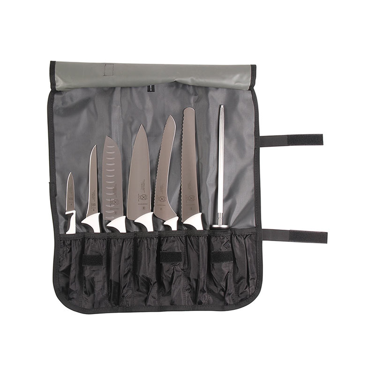 Mercer Culinary Millennia 8-piece knife roll set unrolled showing seven knives and a sharpening steel in a 7-pocket nylon roll