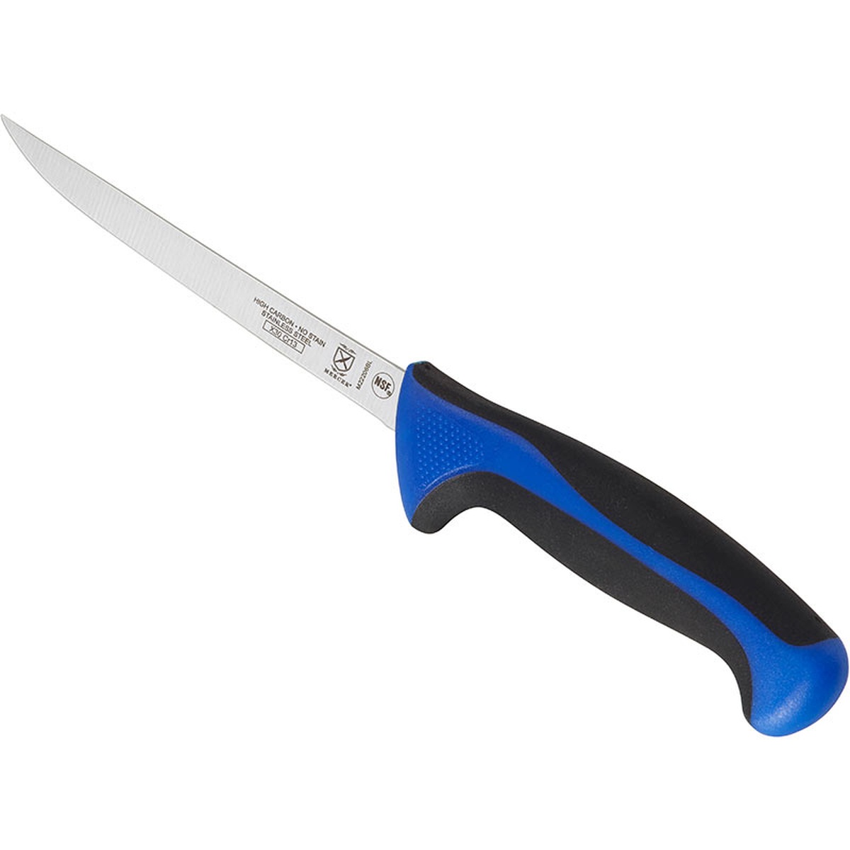 Mercer Culinary M22206BL boning knife angled view showing blue Santoprene and black polypropylene ergonomic handle