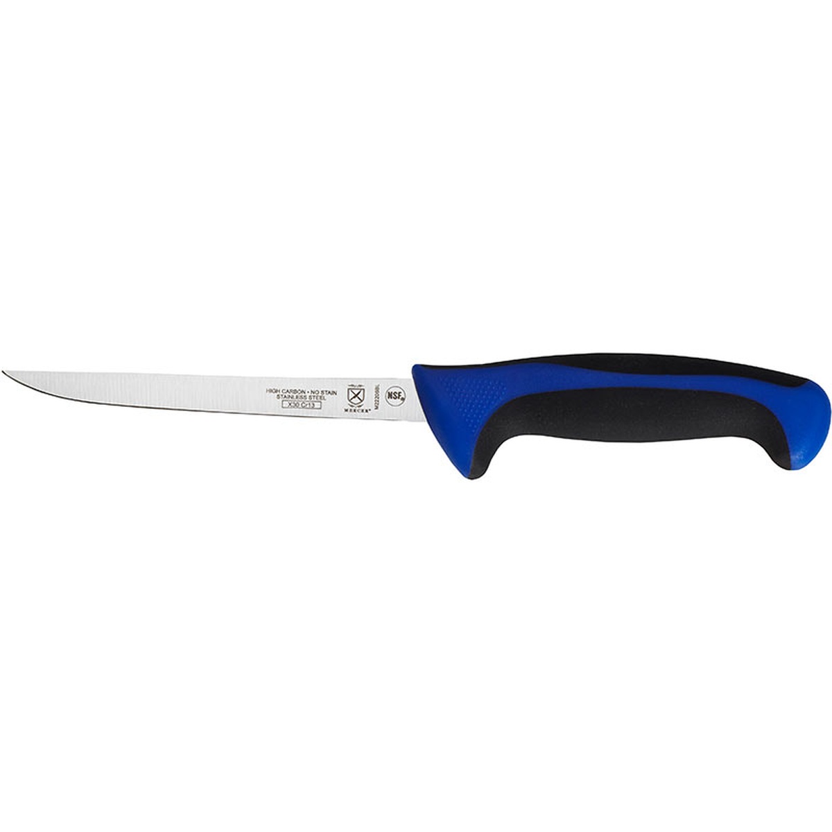 Mercer Culinary M22206BL 6-inch narrow boning knife with blue and black handle, side profile view