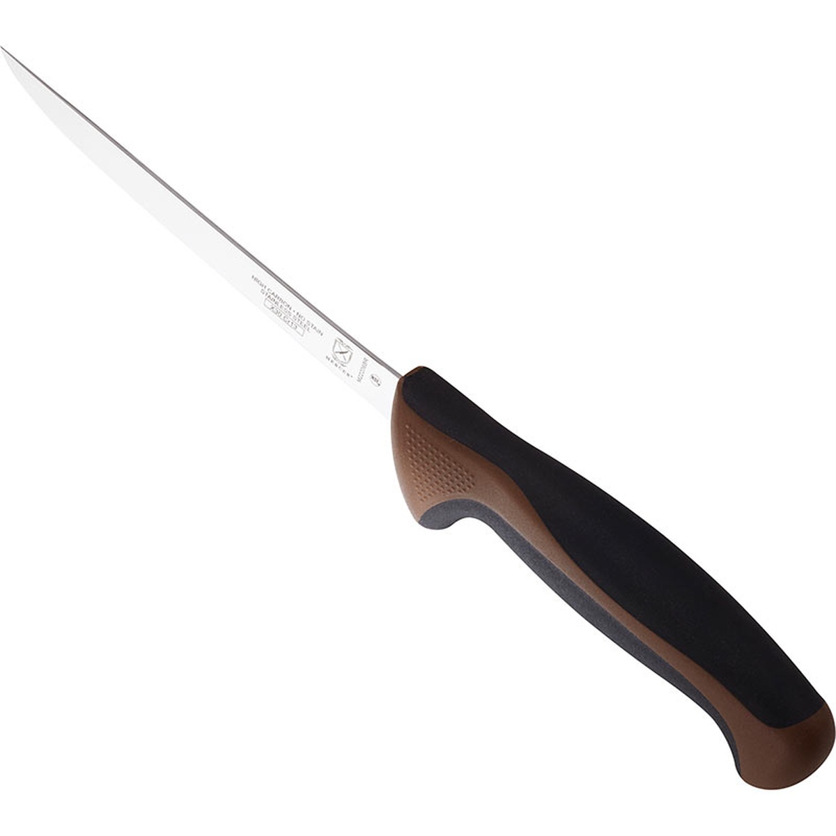 Mercer Culinary M22206BR boning knife angled view highlighting brown Santoprene handle texture and blade etching