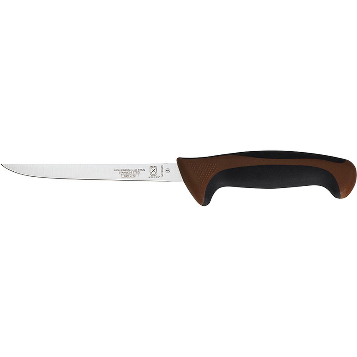 Mercer Culinary M22206BR 6-inch narrow boning knife with brown and black ergonomic handle, side profile view