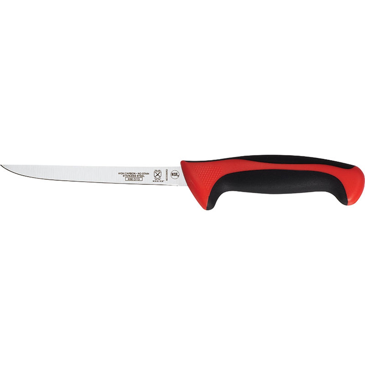 Mercer Culinary M22206RD 6-inch narrow boning knife with red and black Santoprene handle, side profile view