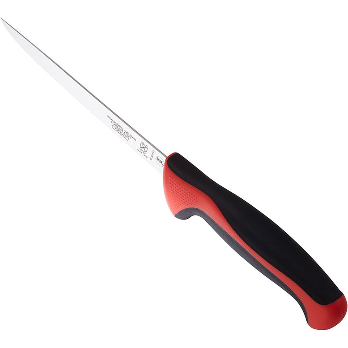 Mercer Culinary M22206RD boning knife angled view showing red Santoprene finger guard and textured grip details