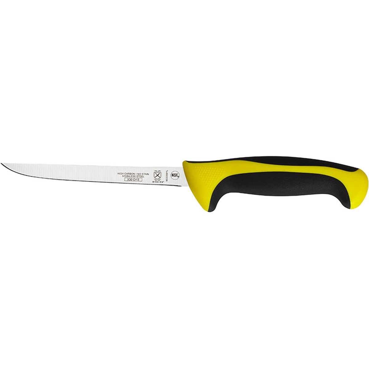 Mercer Culinary M22206YL 6-inch narrow boning knife with yellow and black ergonomic handle, side profile view