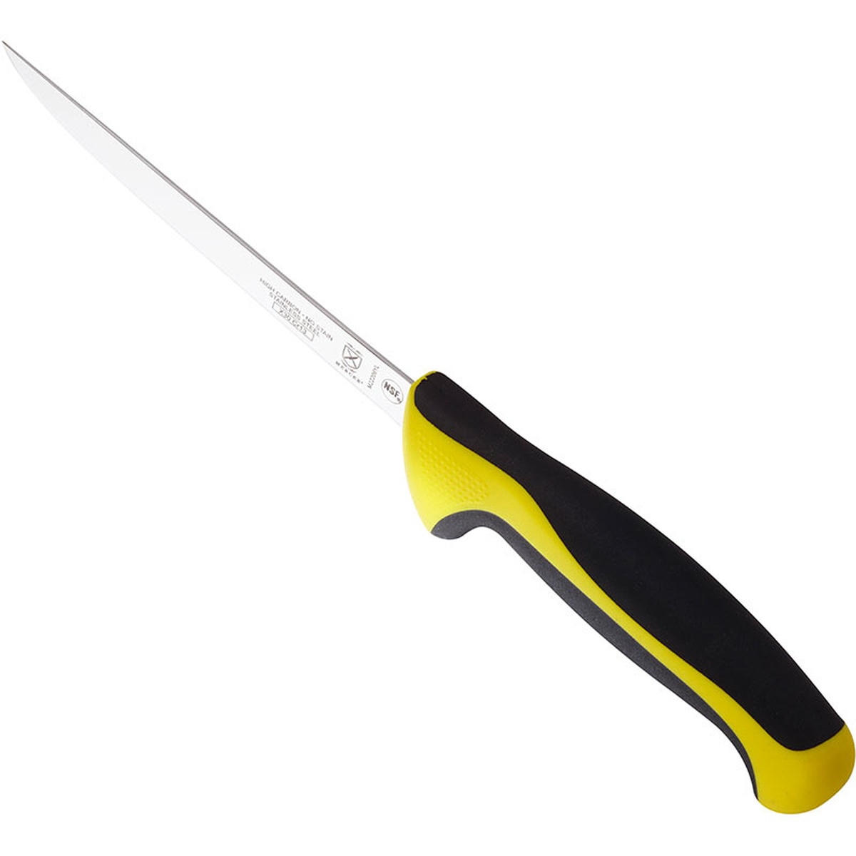 Mercer Culinary M22206YL boning knife angled view showing yellow Santoprene handle and narrow blade detail