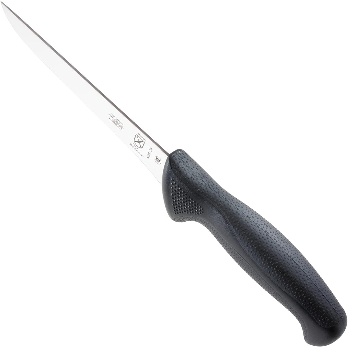 Mercer Culinary M22306 Millennia 6-inch stiff boning knife with black handle on white background