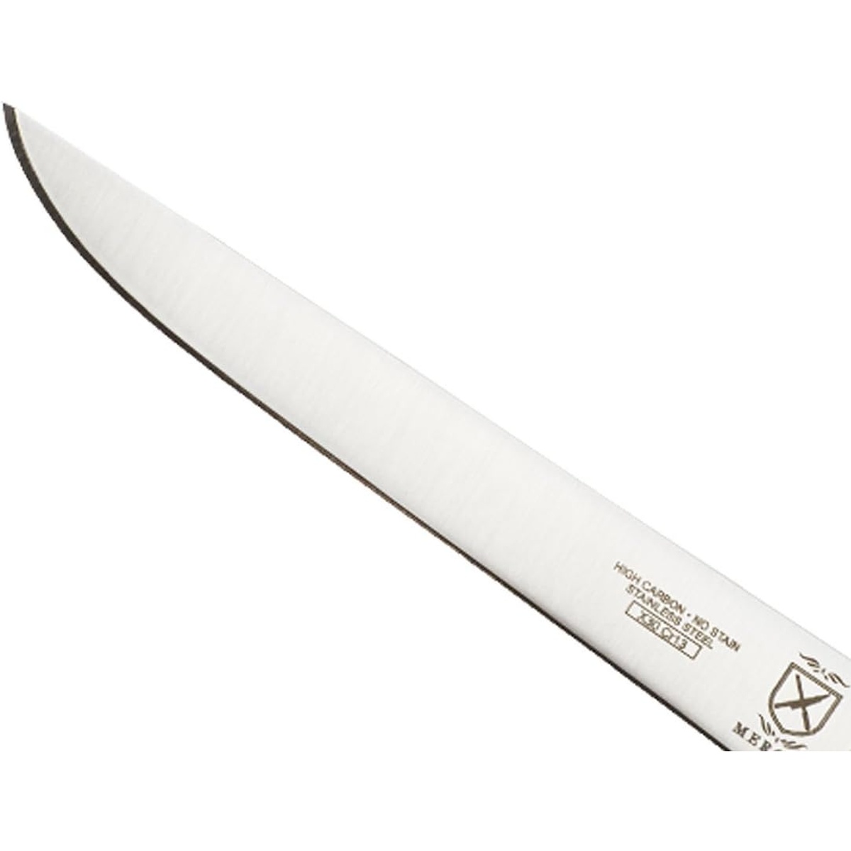 Close-up of the Mercer Culinary M22306 high-carbon stainless steel blade showing the smooth edge and pointed tip