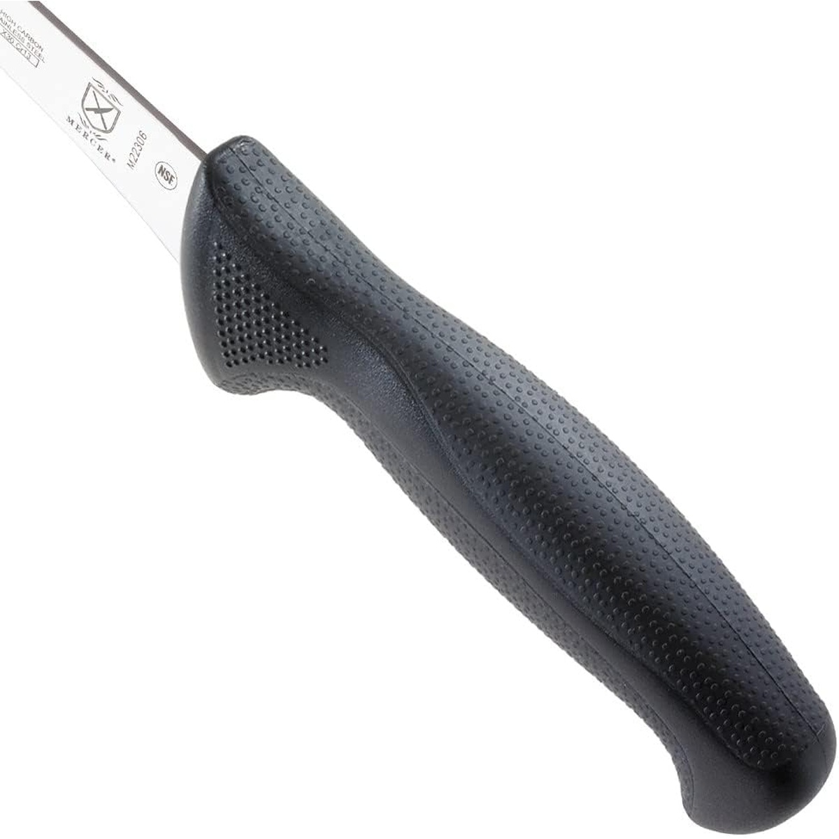Close-up of the black Santoprene and polypropylene handle and finger guard on the Mercer Culinary M22306 boning knife