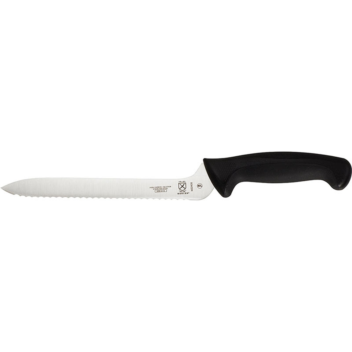 Mercer Culinary M22408 Millennia 8-inch offset wavy edge bread knife with black handle, side profile view