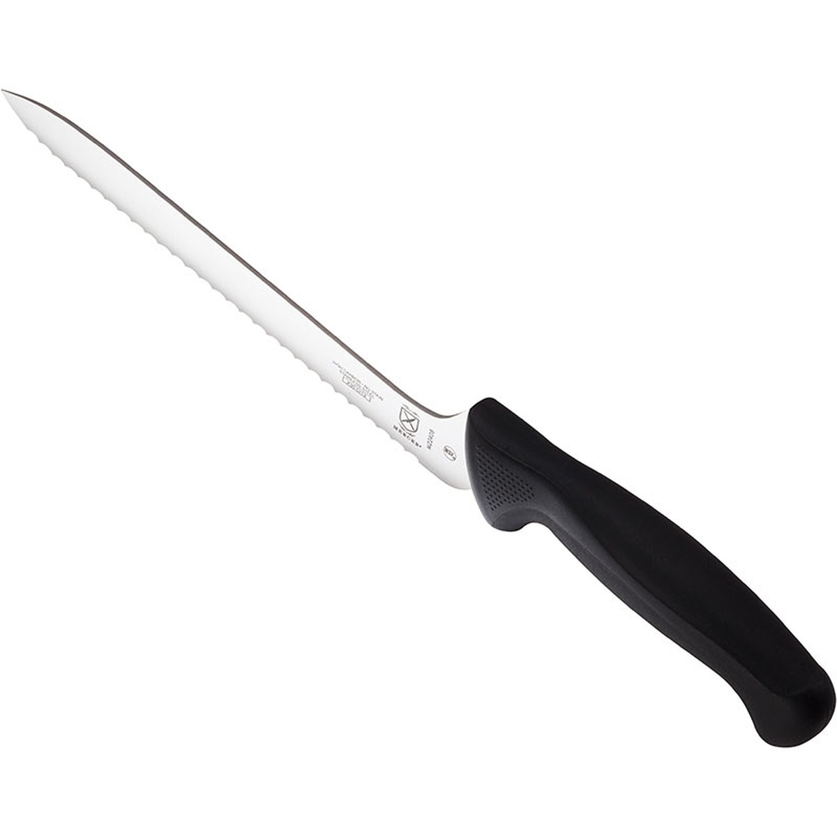 Mercer Culinary M22408 Millennia bread knife angled view showing serrated blade and black ergonomic handle with finger guard
