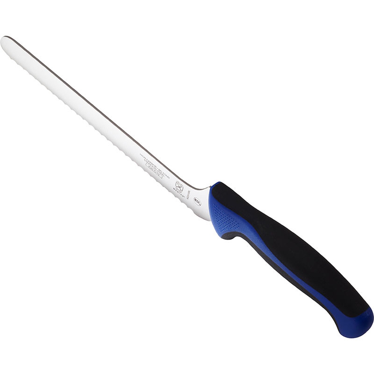 Mercer Culinary M22418BL bread knife angled view showing blue and black ergonomic Santoprene handle and full blade length