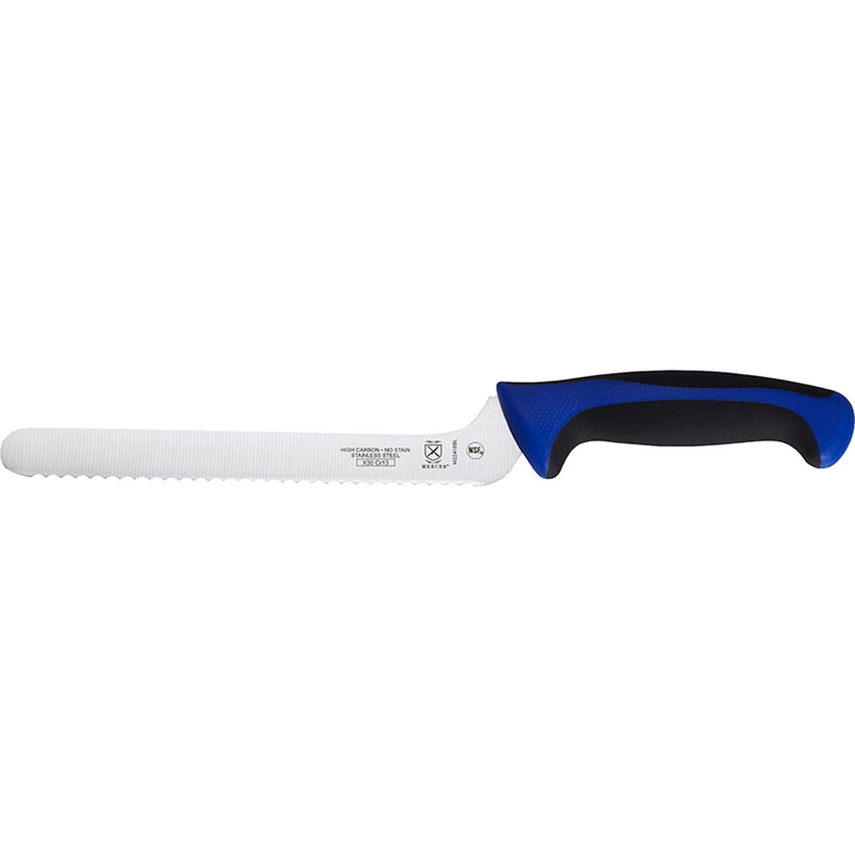 Mercer Culinary M22418BL 8-inch offset bread knife with blue Santoprene handle and wavy serrated edge, side profile view