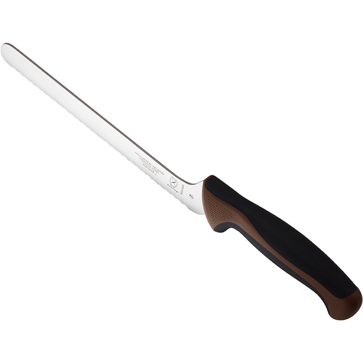 Mercer Culinary M22418BR offset bread knife angled view showing brown and black ergonomic handle with textured finger points