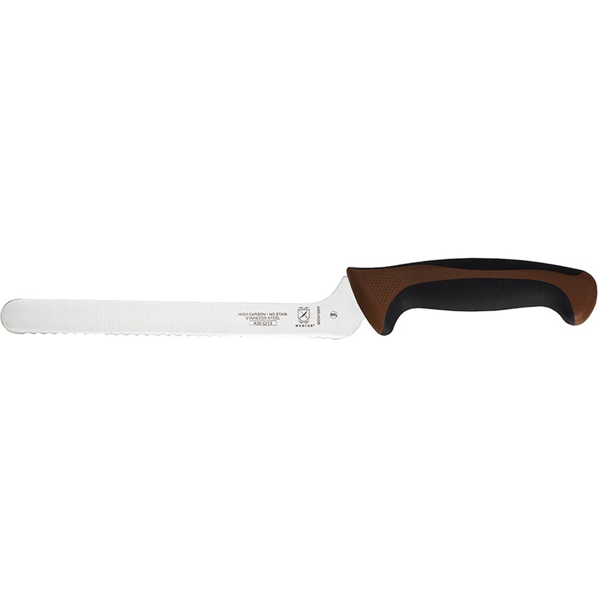 Mercer Culinary M22418BR 8-inch offset bread knife with wavy edge blade and brown ergonomic handle, side view