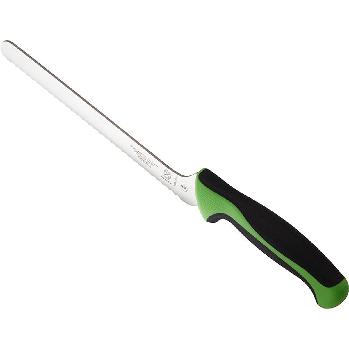 Mercer Culinary M22418GR offset bread knife angled view showing blade, finger guard, and green ergonomic handle detail