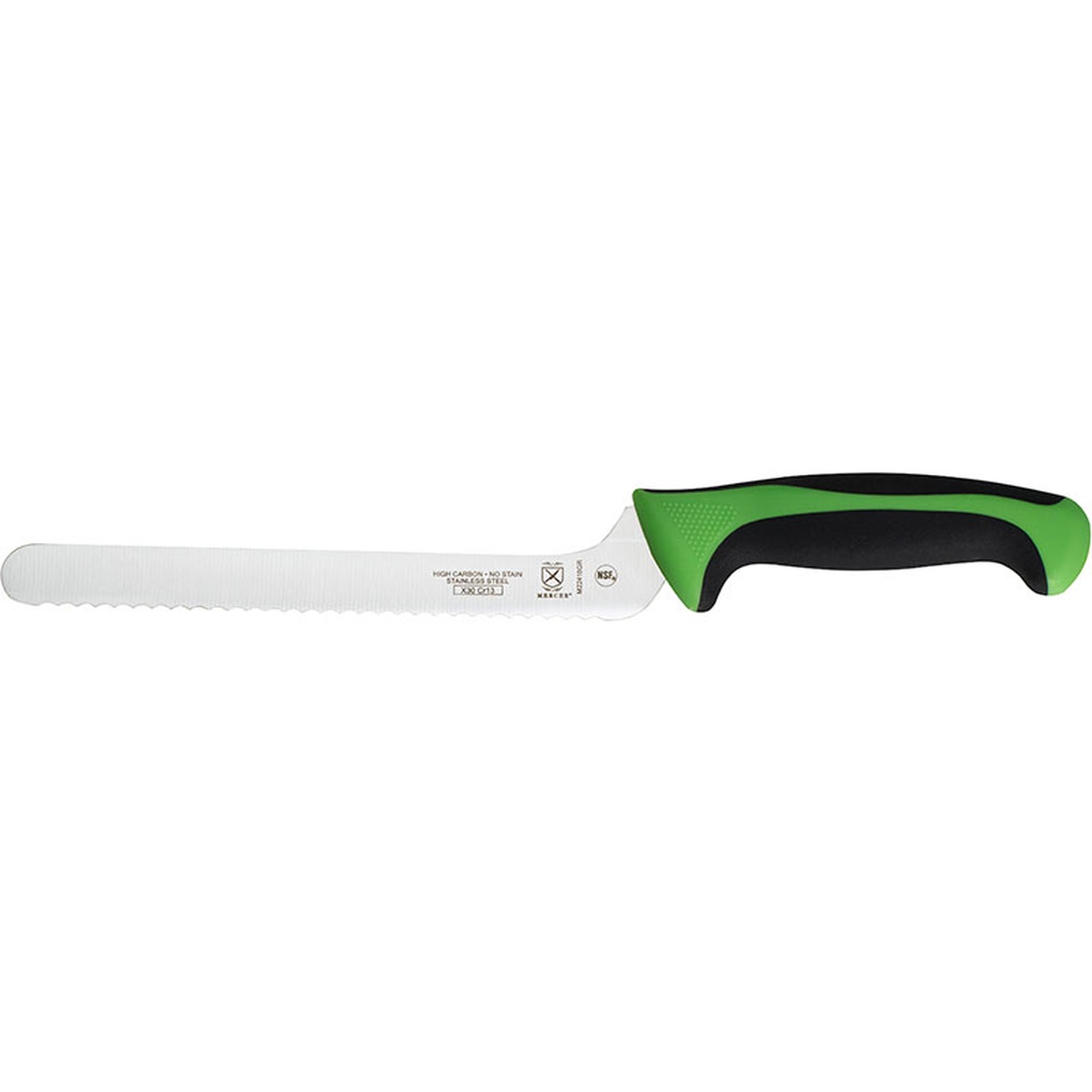 Mercer Culinary M22418GR 8-inch offset bread knife with green and black ergonomic handle, side profile view