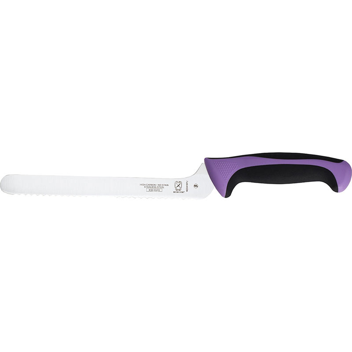 Mercer Culinary M22418PU 8-inch offset bread knife with wavy serrated blade and purple Santoprene handle, side profile view