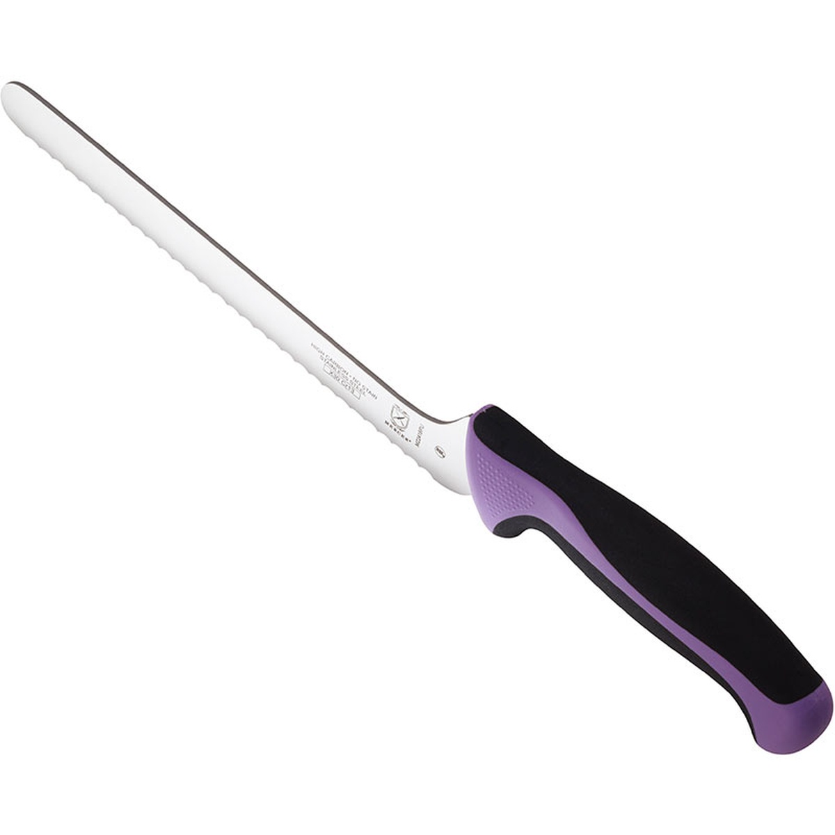 Mercer Culinary M22418PU offset bread knife angled view highlighting purple and black Santoprene ergonomic handle with textured finger points