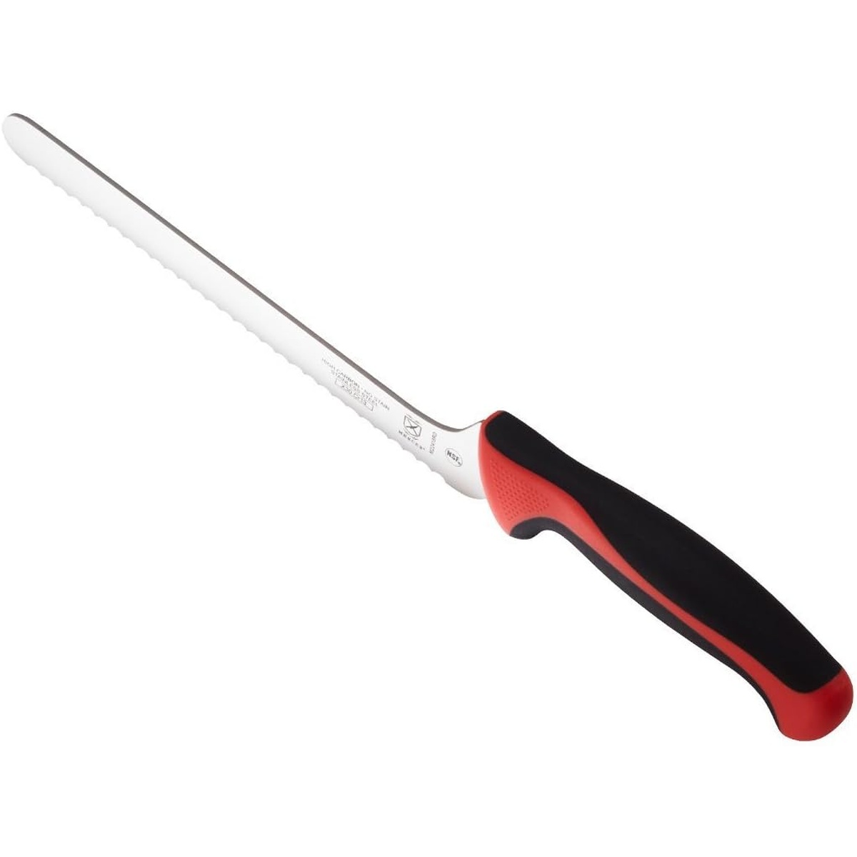 Mercer Culinary M22418RD 8-inch offset bread knife with red and black ergonomic handle and serrated blade