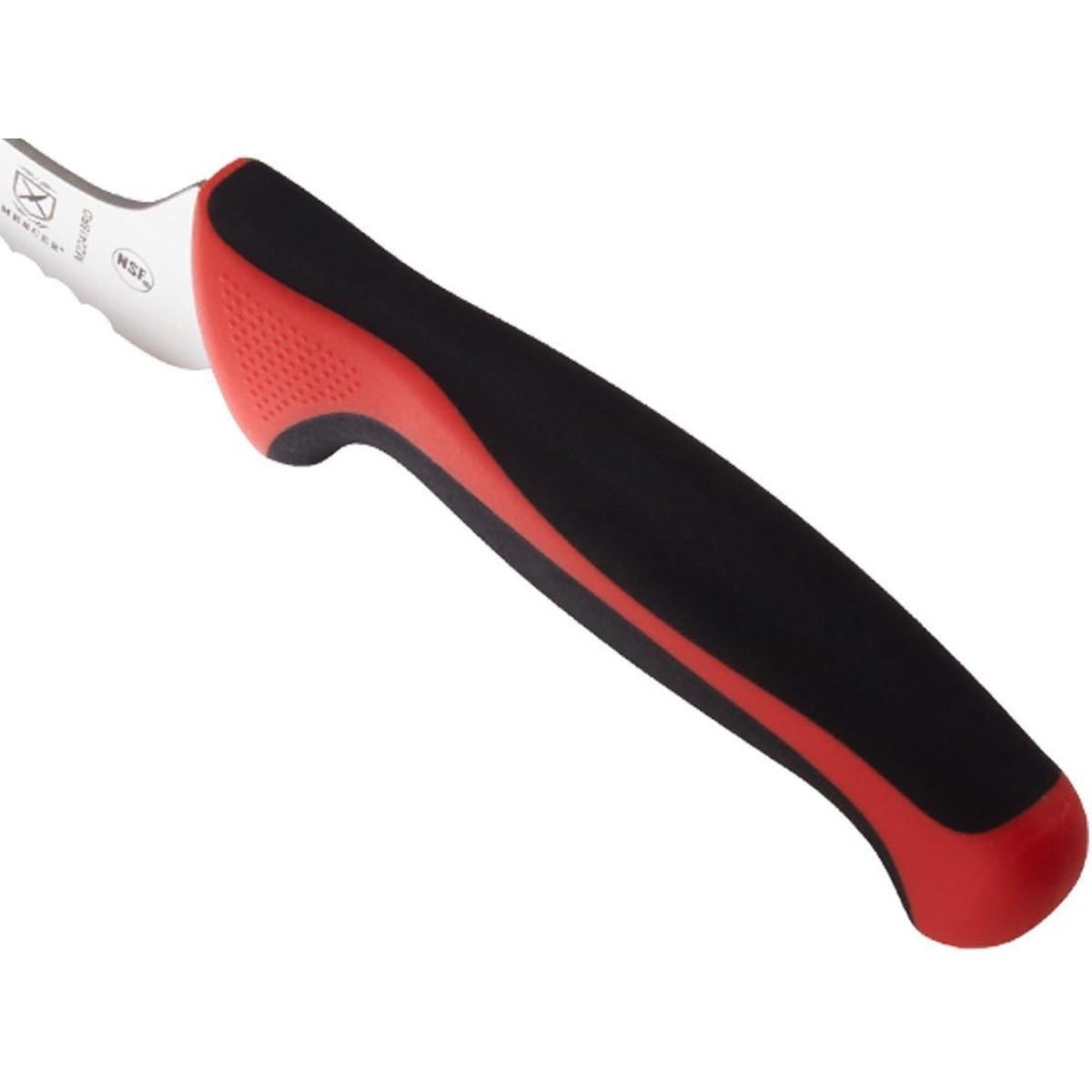 Close-up of the red and black Santoprene ergonomic handle with NSF stamp and textured finger points